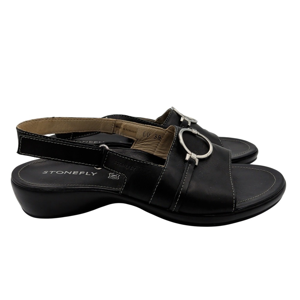 Stonefly Womens Black Leather Slingback Wedge Sandals Silver Ring EU 38 US 7.5-8